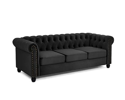 Chesterfield Sofa Velvet Upholstered Couch in 2 Seater or 3 Seater Fabric Sofa in Grey, Blue, Black, Green, Gold (2 Seater, Black)