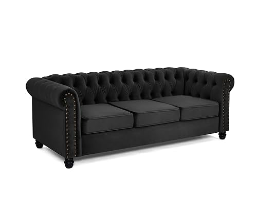 Chesterfield Sofa Velvet Upholstered Couch in 2 Seater or 3 Seater Fabric Sofa in Grey, Blue, Black, Green, Gold (2 Seater, Black)