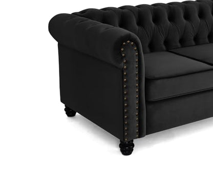 Chesterfield Sofa Velvet Upholstered Couch in 2 Seater or 3 Seater Fabric Sofa in Grey, Blue, Black, Green, Gold (2 Seater, Black)