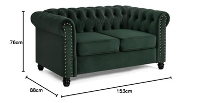 Chesterfield Sofa Velvet Upholstered Couch in 2 Seater or 3 Seater Fabric Sofa in Grey, Blue, Black, Green, Gold (2 Seater, Black)