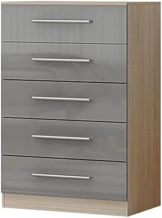 Gloss GREY Large Wardrobe - 5 Door 6 Drawers & Mirrors + Chest Of Drawers + 2 x Bedsides