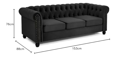 Chesterfield Sofa Velvet Upholstered Couch in 2 Seater or 3 Seater Fabric Sofa in Grey, Blue, Black, Green, Gold (2 Seater, Black)