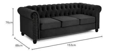 Chesterfield Sofa Velvet Upholstered Couch in 2 Seater or 3 Seater Fabric Sofa in Grey, Blue, Black, Green, Gold (2 Seater, Black)