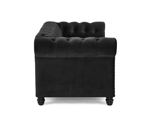 Chesterfield Sofa Velvet Upholstered Couch in 2 Seater or 3 Seater Fabric Sofa in Grey, Blue, Black, Green, Gold (2 Seater, Black)