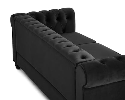 Chesterfield Sofa Velvet Upholstered Couch in 2 Seater or 3 Seater Fabric Sofa in Grey, Blue, Black, Green, Gold (2 Seater, Black)