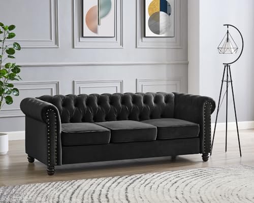 Chesterfield Sofa Velvet Upholstered Couch in 2 Seater or 3 Seater Fabric Sofa in Grey, Blue, Black, Green, Gold (2 Seater, Black)
