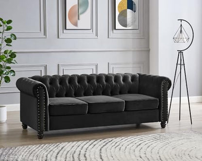Chesterfield Sofa Velvet Upholstered Couch in 2 Seater or 3 Seater Fabric Sofa in Grey, Blue, Black, Green, Gold (2 Seater, Black)