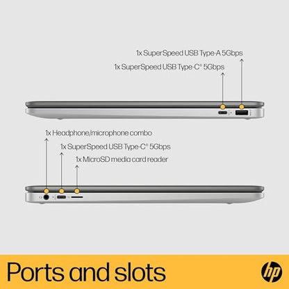 HP Chromebook 14" | Intel Processor N100 Processor| 4 GB RAM | 128 GB Flash Storage | Intel UHD Graphics | HD Display | Up to 12hrs battery | Chrome OS | Dual Speakers | Glacier Silver | 14a-nf0002sa