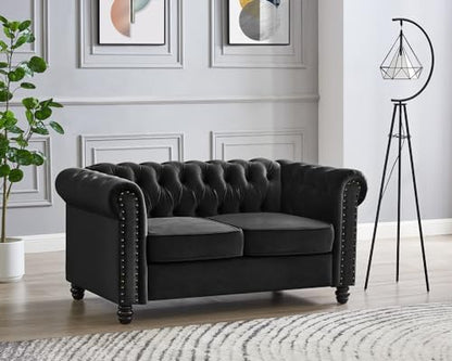 Chesterfield Sofa Velvet Upholstered Couch in 2 Seater or 3 Seater Fabric Sofa in Grey, Blue, Black, Green, Gold (2 Seater, Black)