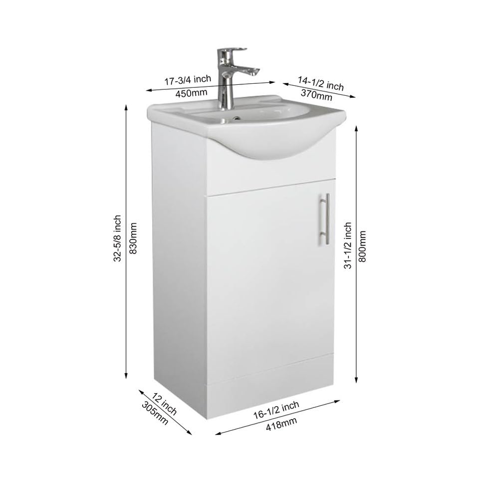 Home Treats 450 Vanity Unit Furniture, Ceramic Wash Basin Sink, Floor Standing, Soft Close Doors Bathroom Storage Cabinet - White (Vanity 45cm)