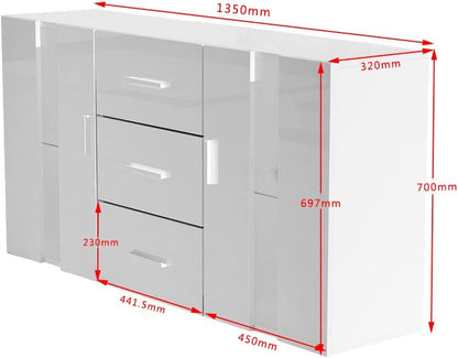 Panana Sideboard Modern Living Room Cupboard Unit Cabinet Furniture 2 Doors 3 Drawers LxDxH 135x32x70cm (White)