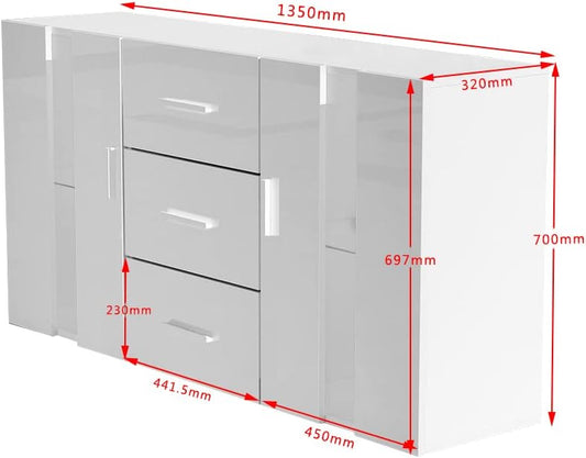 Panana Sideboard Modern Living Room Cupboard Unit Cabinet Furniture 2 Doors 3 Drawers LxDxH 135x32x70cm (White)