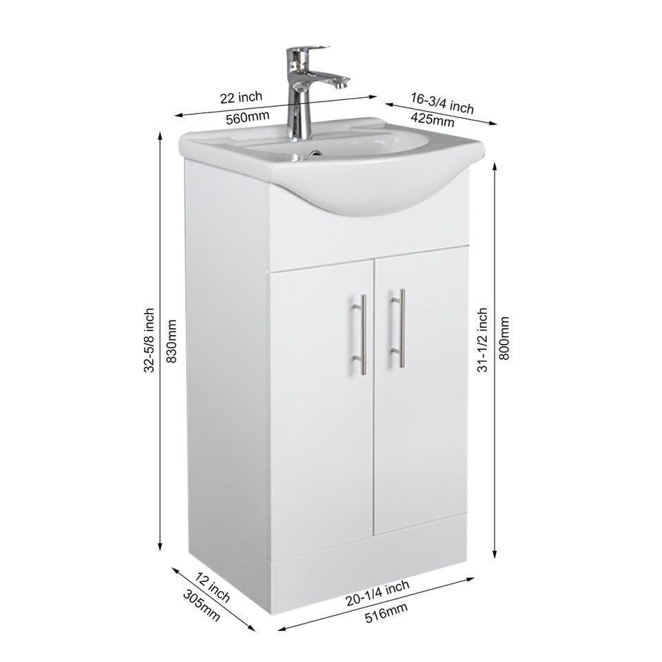 Home Treats 450 Vanity Unit Furniture, Ceramic Wash Basin Sink, Floor Standing, Soft Close Doors Bathroom Storage Cabinet - White (Vanity 45cm)