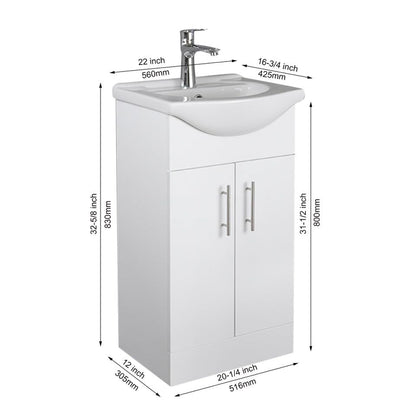 Home Treats 450 Vanity Unit Furniture, Ceramic Wash Basin Sink, Floor Standing, Soft Close Doors Bathroom Storage Cabinet - White (Vanity 45cm)