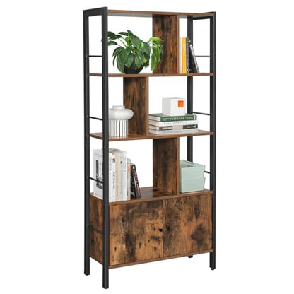 VASAGLE Bookshelf, Storage Shelf, Large Bookcase with Doors, 4 Shelves, Stable Steel Structure, Industrial Style, for Living Room, Office, Rustic Brown and Ink Black LBC022B01