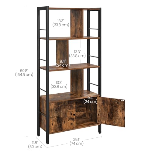 VASAGLE Bookshelf, Storage Shelf, Large Bookcase with Doors, 4 Shelves, Stable Steel Structure, Industrial Style, for Living Room, Office, Rustic Brown and Ink Black LBC022B01