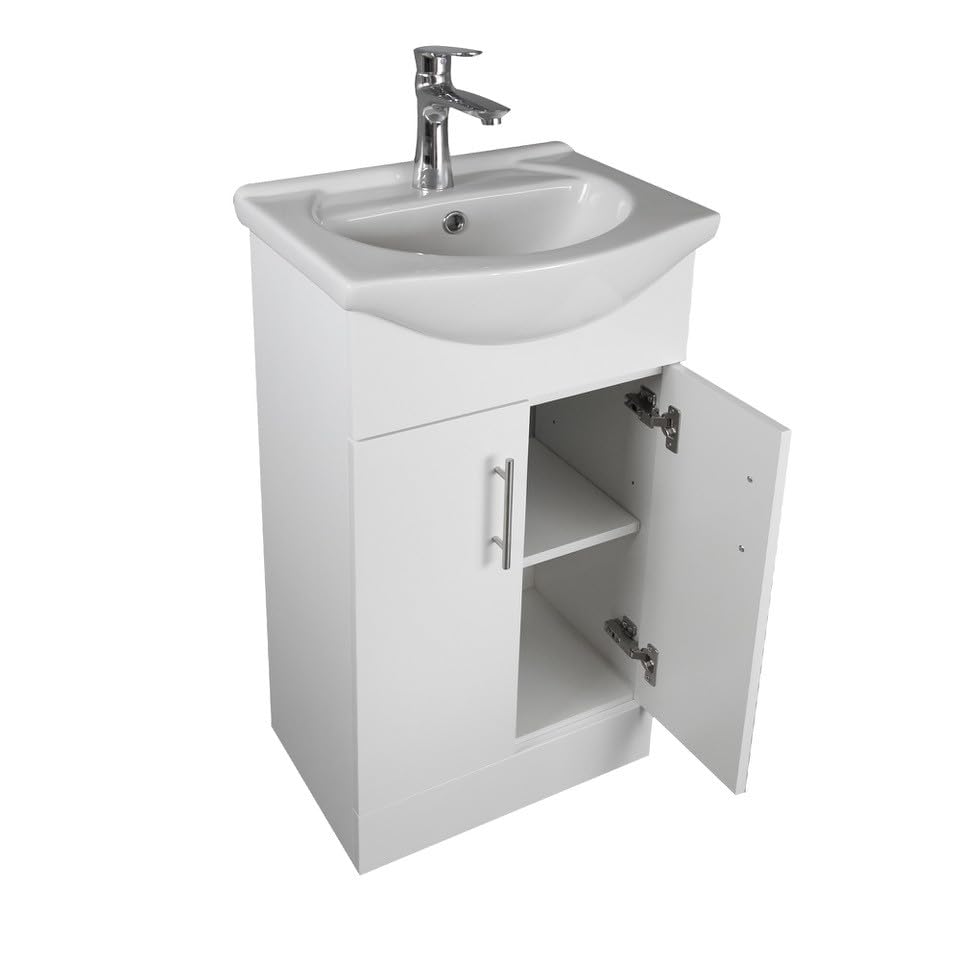 Home Treats 450 Vanity Unit Furniture, Ceramic Wash Basin Sink, Floor Standing, Soft Close Doors Bathroom Storage Cabinet - White (Vanity 45cm)