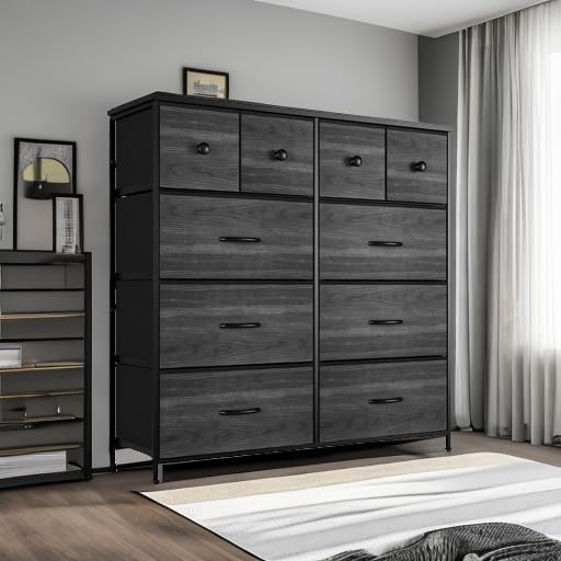 Nicehill Dresser for Bedroom with 10 Drawers, Storage Drawer Organizer, Tall Chest of Drawers for Closet, Clothes, Kids, Baby, Living Room, Wood Board, Fabric Drawers(Black Wood Grain)
