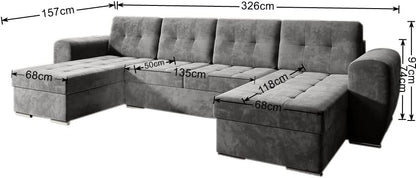 Moderno Bari Living Room Sofa with Sleep Function, Couch, U-Shaped Sofa Bed with Bed Box, Corner Sofa Bed, Modern Living Room Furniture, Corner Couch, Velour Fabric, Quilted Sofa, Grey