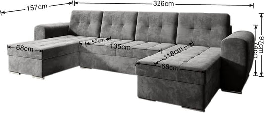 Moderno Bari Living Room Sofa with Sleep Function, Couch, U-Shaped Sofa Bed with Bed Box, Corner Sofa Bed, Modern Living Room Furniture, Corner Couch, Velour Fabric, Quilted Sofa, Grey