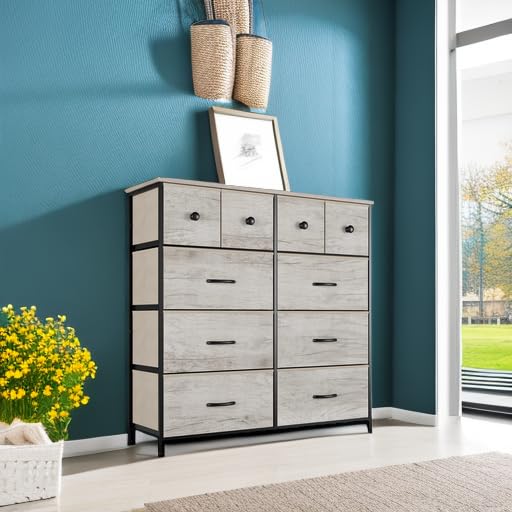 Nicehill Dresser for Bedroom with 10 Drawers, Storage Drawer Organizer, Tall Chest of Drawers for Closet, Clothes, Kids, Baby, Living Room, Wood Board, Fabric Drawers(Black Wood Grain)