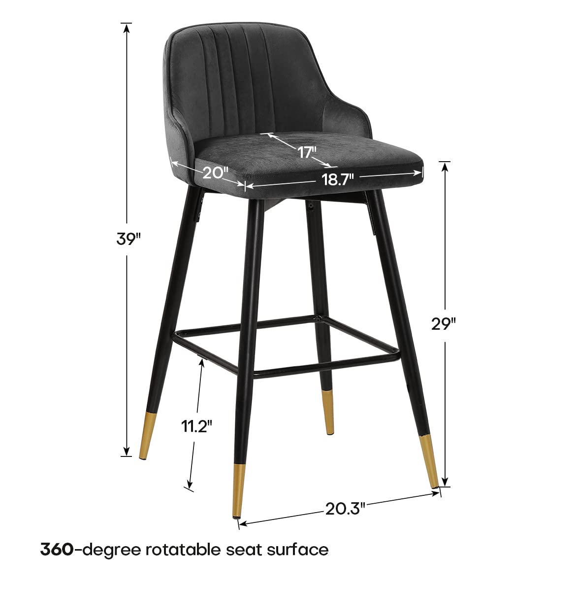 Bekrvio Upgraded Velvet Bar Stools Set of 2 – 360° Swivel Bar Chairs with Back & Footrest, Modern Kitchen Island Breakfast Stools, Support 150kg – New Version, Black