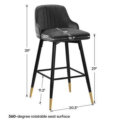 Bekrvio Upgraded Velvet Bar Stools Set of 2 – 360° Swivel Bar Chairs with Back & Footrest, Modern Kitchen Island Breakfast Stools, Support 150kg – New Version, Black