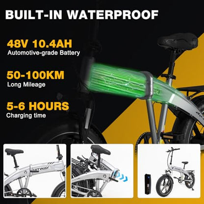 HITWAY 20 * 4.0” Electric Bike, 48V 10.4Ah Battery up to 50-100KM, 250W Motor Fat Tire E Bike, Foldable Electric Bicycles with 7-Speeds for Adult Commuters
