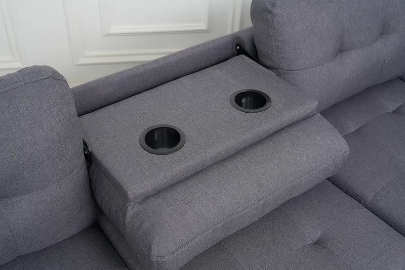 Western Grey Fabric Corner Sofa suite With Drop Down Cup Holder And Ottoman for livingrooms -Cheap sofas & couches-3020 (Grey Fabric, Right Hand Side)