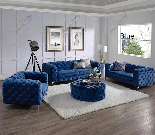 Snooze Monaco 3 and 2 Seater Sofa Sets, Corner Sofas For Living Room, Upholstered Plush Fabric 3 Seater Velvet Sofas (Royal Blue Velvet, 3+2 Seater)