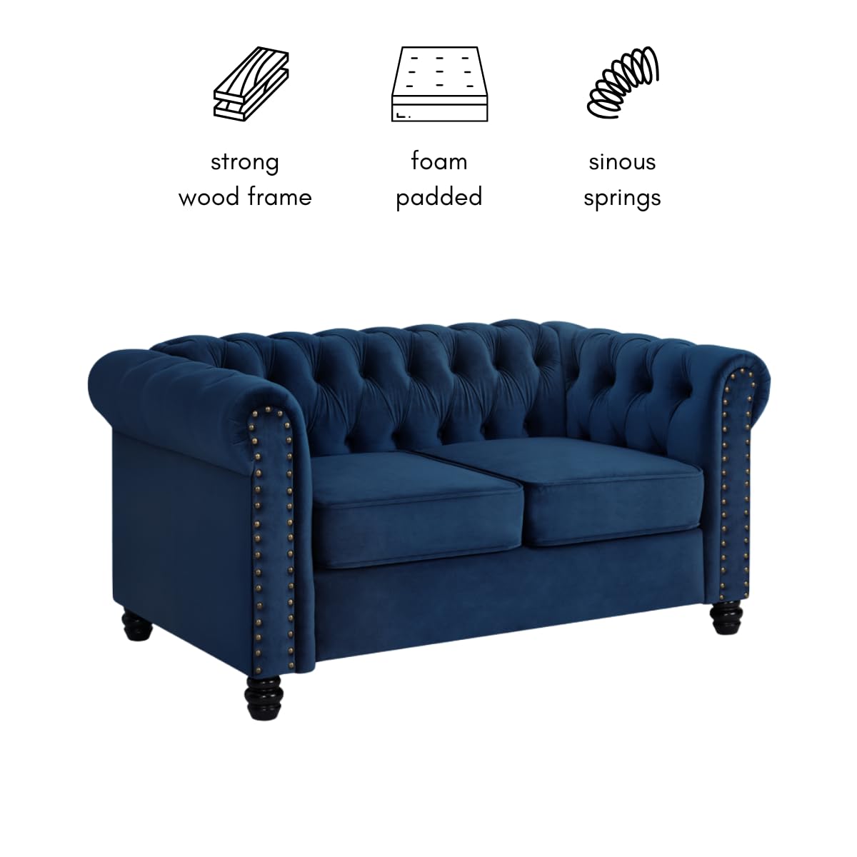 Chesterfield Sofa Velvet Upholstered Couch in 2 Seater or 3 Seater Fabric Sofa in Grey, Blue, Black, Green, Gold (2 Seater, Black)