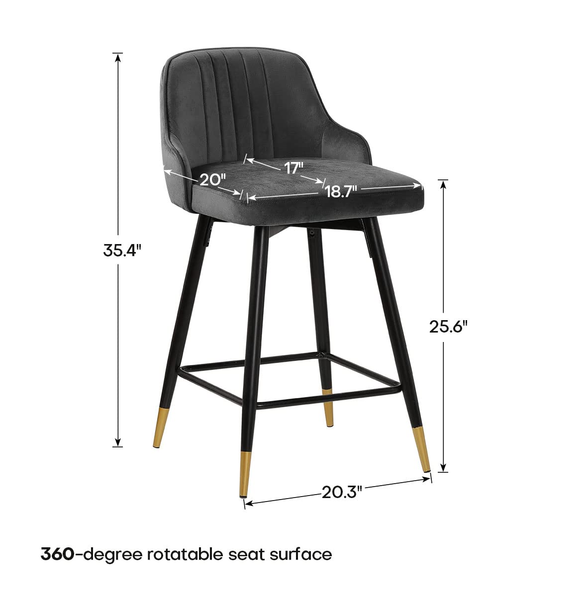 Bekrvio Upgraded Velvet Bar Stools Set of 2 – 360° Swivel Bar Chairs with Back & Footrest, Modern Kitchen Island Breakfast Stools, Support 150kg – New Version, Black