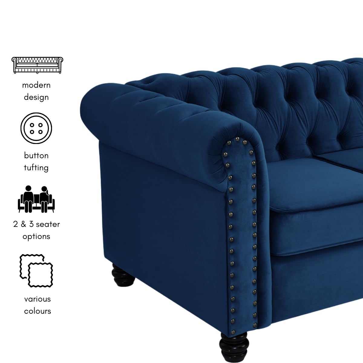Chesterfield Sofa Velvet Upholstered Couch in 2 Seater or 3 Seater Fabric Sofa in Grey, Blue, Black, Green, Gold (2 Seater, Black)