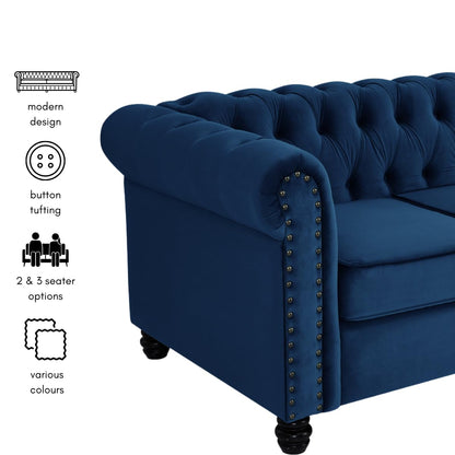 Chesterfield Sofa Velvet Upholstered Couch in 2 Seater or 3 Seater Fabric Sofa in Grey, Blue, Black, Green, Gold (2 Seater, Black)