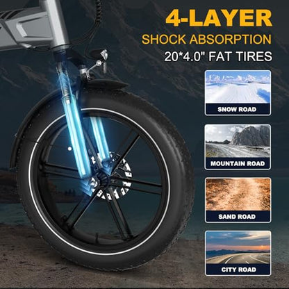 HITWAY 20 * 4.0” Electric Bike, 48V 10.4Ah Battery up to 50-100KM, 250W Motor Fat Tire E Bike, Foldable Electric Bicycles with 7-Speeds for Adult Commuters