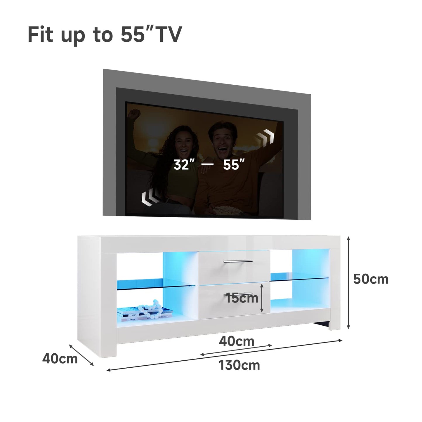 ELEGANT 1200mm LED TV Cabinet Modern White Gloss TV Stand with Ambient Lights for Living Room and Bedroom with Storage Furniture for 32 40 43 50 inch 4k TV
