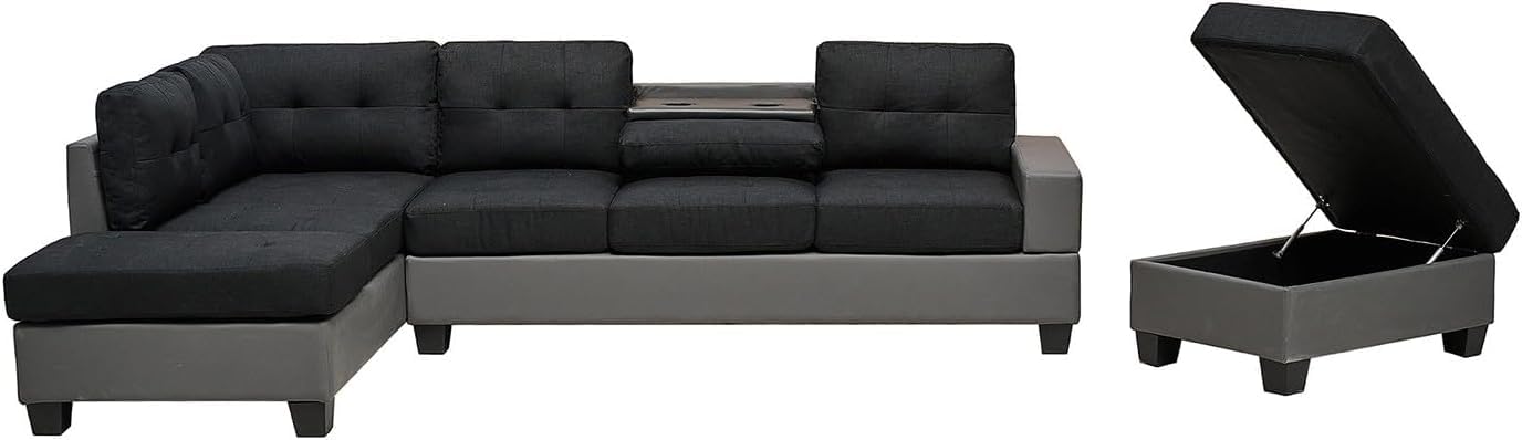 Western Grey Fabric Corner Sofa suite With Drop Down Cup Holder And Ottoman for livingrooms -Cheap sofas & couches-3020 (Grey Fabric, Right Hand Side)