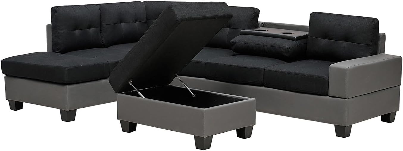 Western Grey Fabric Corner Sofa suite With Drop Down Cup Holder And Ottoman for livingrooms -Cheap sofas & couches-3020 (Grey Fabric, Right Hand Side)