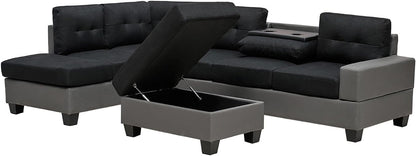 Western Grey Fabric Corner Sofa suite With Drop Down Cup Holder And Ottoman for livingrooms -Cheap sofas & couches-3020 (Grey Fabric, Right Hand Side)
