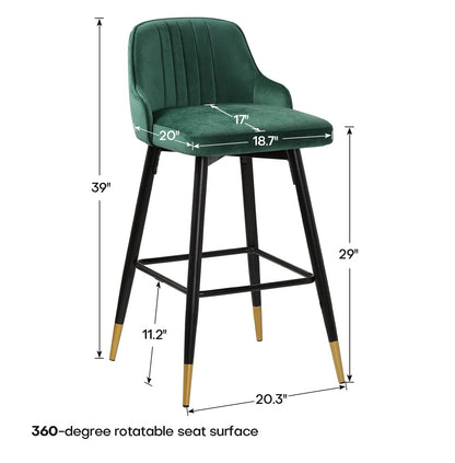 Bekrvio Upgraded Velvet Bar Stools Set of 2 – 360° Swivel Bar Chairs with Back & Footrest, Modern Kitchen Island Breakfast Stools, Support 150kg – New Version, Black