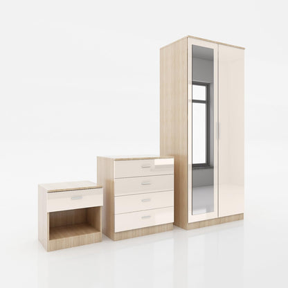 ELEGANT 3 Pieces Bedroom Furniture Sets High Gloss Soft Close Wardrobe with Mirror + 4 Storage Drawer Chest of Drawers Bedside Cabinet, Black and Set