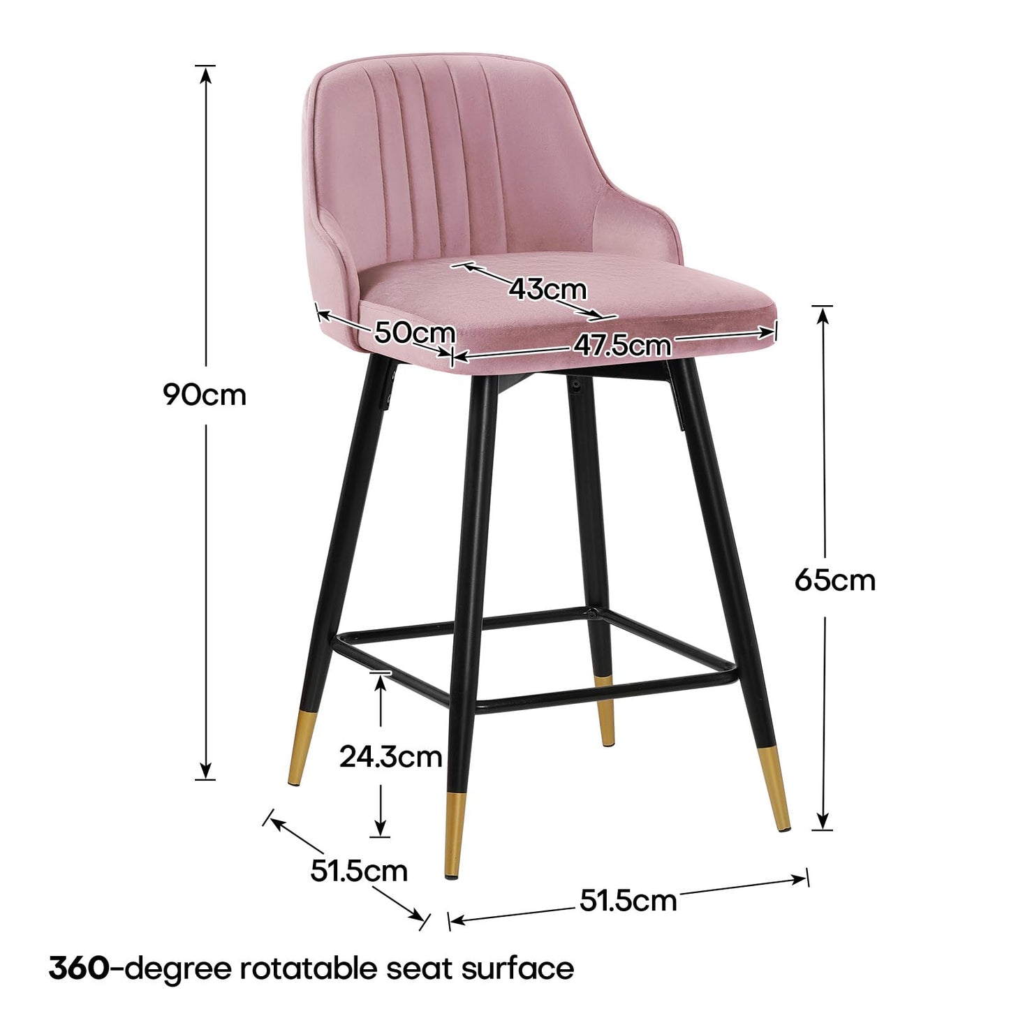 Bekrvio Upgraded Velvet Bar Stools Set of 2 – 360° Swivel Bar Chairs with Back & Footrest, Modern Kitchen Island Breakfast Stools, Support 150kg – New Version, Black