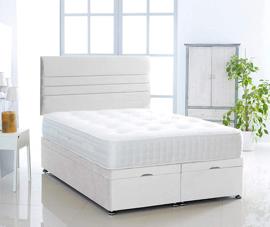 Plush Velvet Ottoman Divan Bed Foot Lift Open With 1000 Pocket Mattress And Horizontal Lined Headboard | Gas Lift Ottoman Storage Divan Bed Set (Silver, 5.0FT King Size)