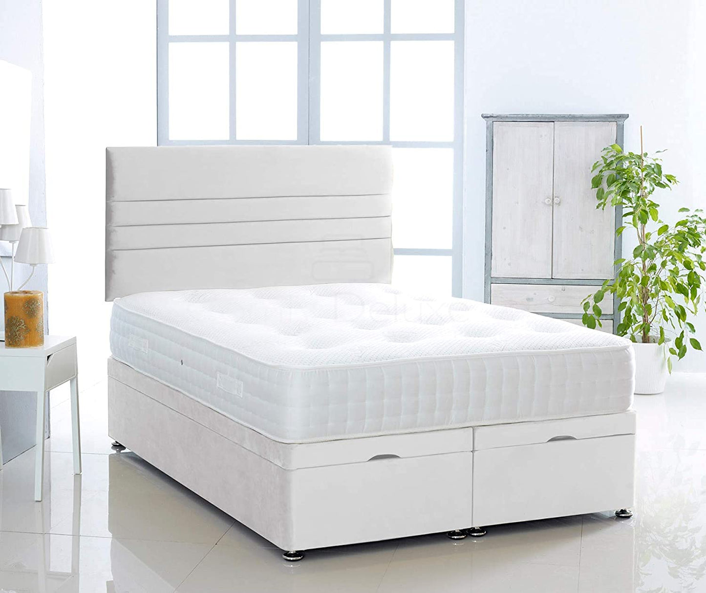 Plush Velvet Ottoman Divan Bed Foot Lift Open With 1000 Pocket Mattress And Horizontal Lined Headboard | Gas Lift Ottoman Storage Divan Bed Set (Silver, 5.0FT King Size)