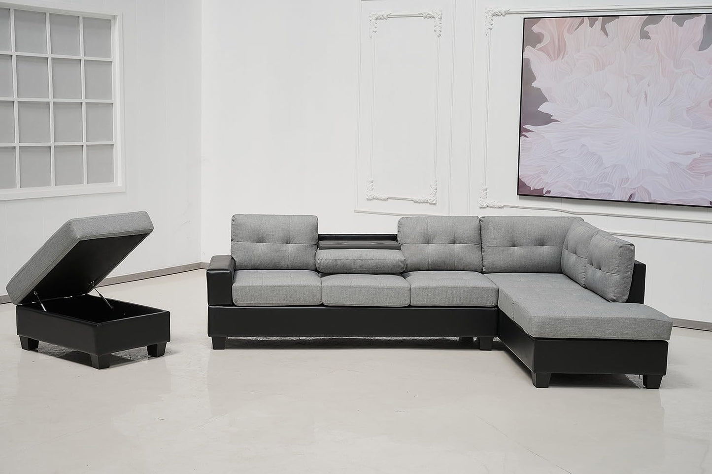 Western Grey Fabric Corner Sofa suite With Drop Down Cup Holder And Ottoman for livingrooms -Cheap sofas & couches-3020 (Grey Fabric, Right Hand Side)