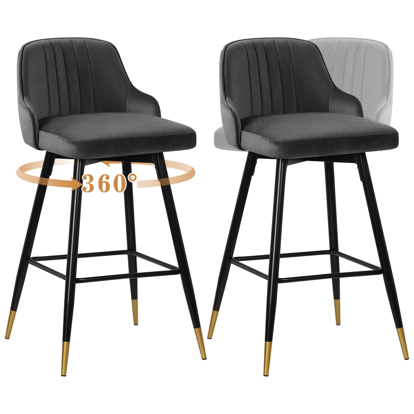Bekrvio Upgraded Velvet Bar Stools Set of 2 – 360° Swivel Bar Chairs with Back & Footrest, Modern Kitchen Island Breakfast Stools, Support 150kg – New Version, Black