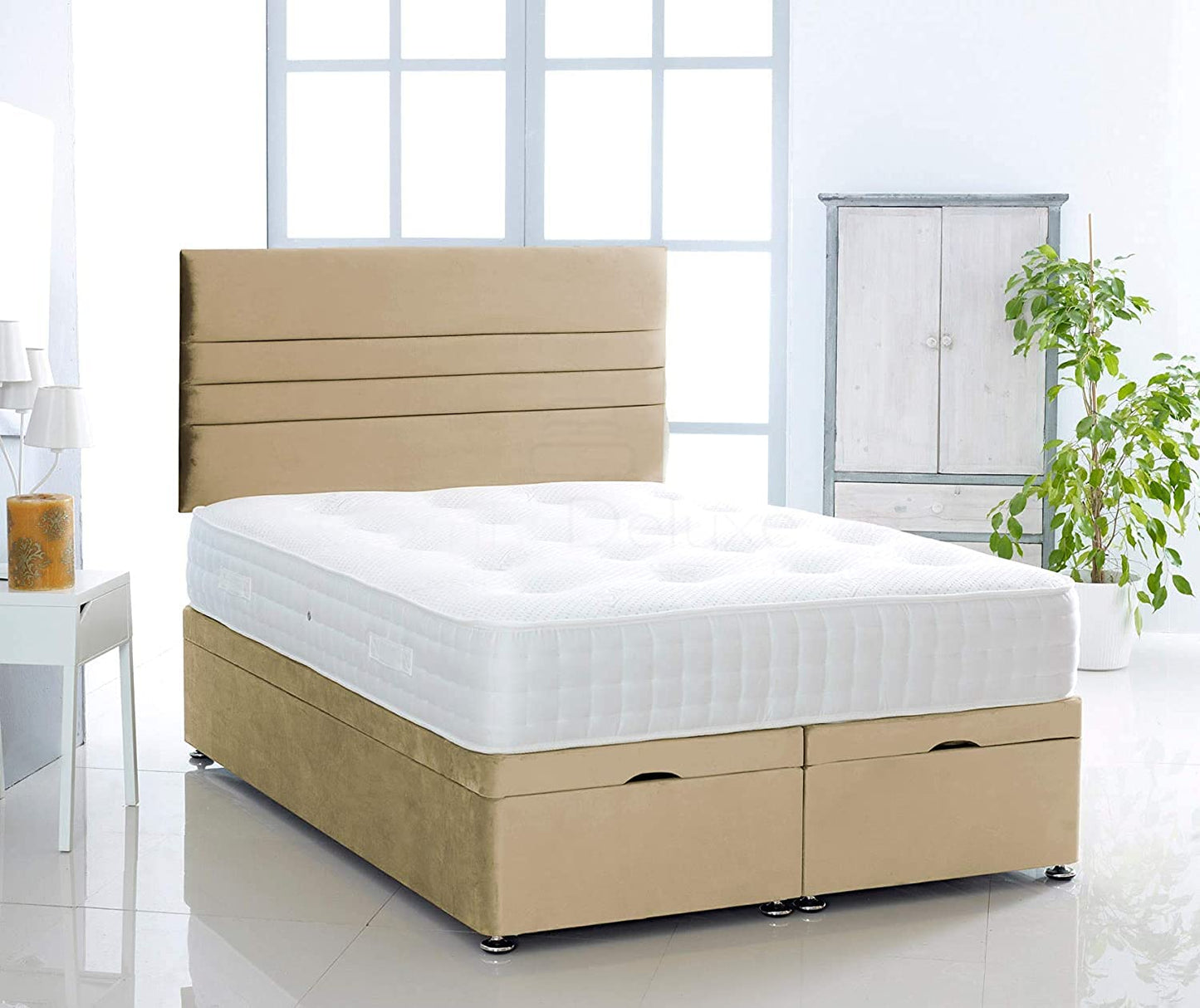 Plush Velvet Ottoman Divan Bed Foot Lift Open With 1000 Pocket Mattress And Horizontal Lined Headboard | Gas Lift Ottoman Storage Divan Bed Set (Silver, 5.0FT King Size)