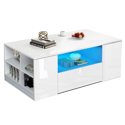 High Gloss Coffee Table, Coffee Table with Storage, Coffee Tables for Living Room with Led RGB Lights 2 Drawer Storage and Open Shelf Rectangle Centre Tea Table for Home Office Furniture, Grey