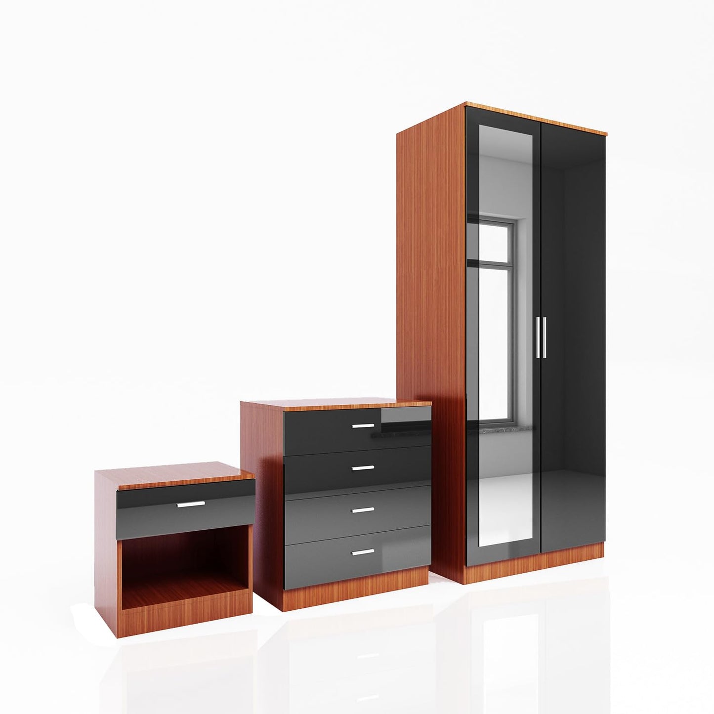 ELEGANT 3 Pieces Bedroom Furniture Sets High Gloss Soft Close Wardrobe with Mirror + 4 Storage Drawer Chest of Drawers Bedside Cabinet, Black and Set