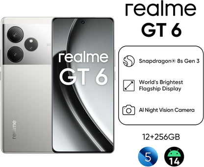 realme GT6 Smartphone, 5G Cellphone 12+256GB, Snapdragon 8s Gen 3, 6000nit Ultra Bright Display, 50MP+50MP+8MP Camera, Phone, Massive 5500mAh Battery, Fluid Silver, With Adapter